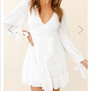 White Long Sleeve Cuff Tied Frill Dress